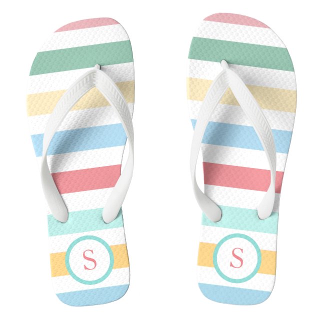 Retro Pastel Stripes with Your Monogram Flip Flops (Footbed)