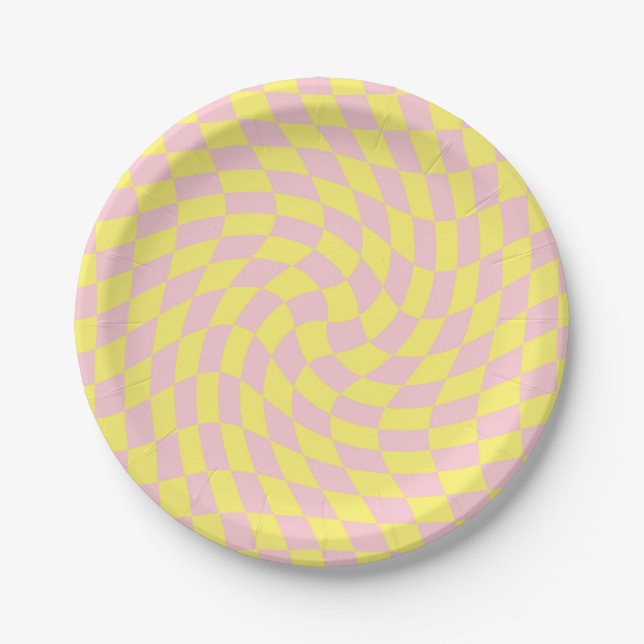 Retro Pastel Yellow Checks Warped Checkerboard Paper Plates (Front)