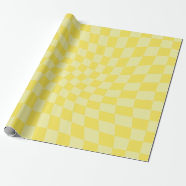 Retro Pastel Yellow Checks Warped Checkerboard Wrapping Paper (Unrolled)