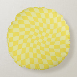 Retro Pastel Yellow Checks Warped Checkered Dorm Round Pillow