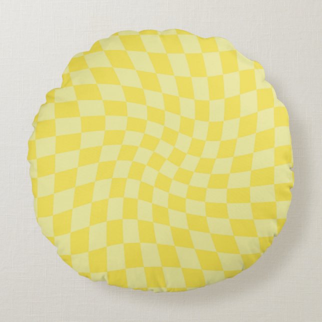 Retro Pastel Yellow Checks Warped Checkered Dorm  Round Pillow (Front)