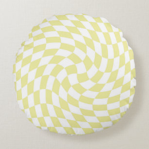 Retro Pastel Yellow Checks Warped Checkered Round Pillow