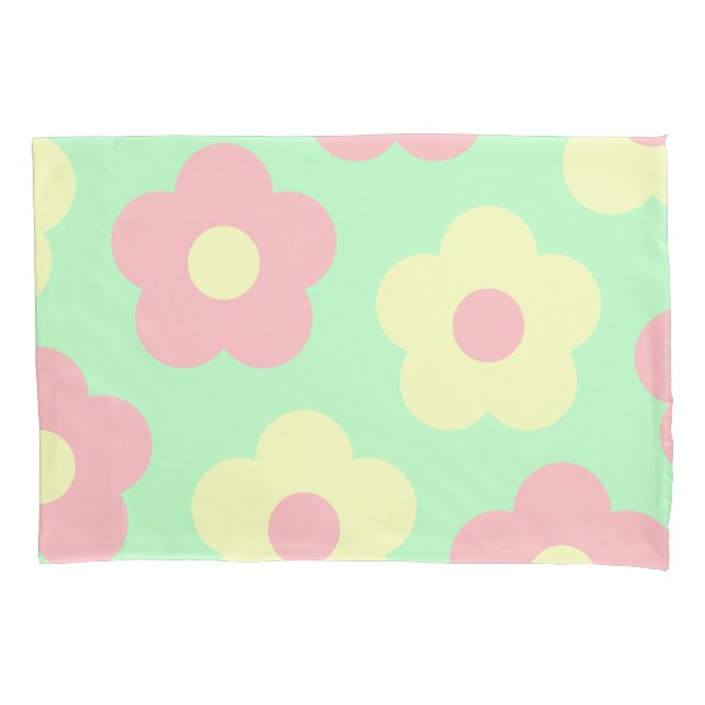 Retro Pastel Yellow Pink Cute Flowers Pillow Case (Front-Left)