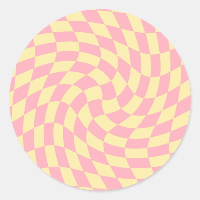 Retro Pastel Yellow Pink Warped Check Checkered   Classic Round Sticker (Front)