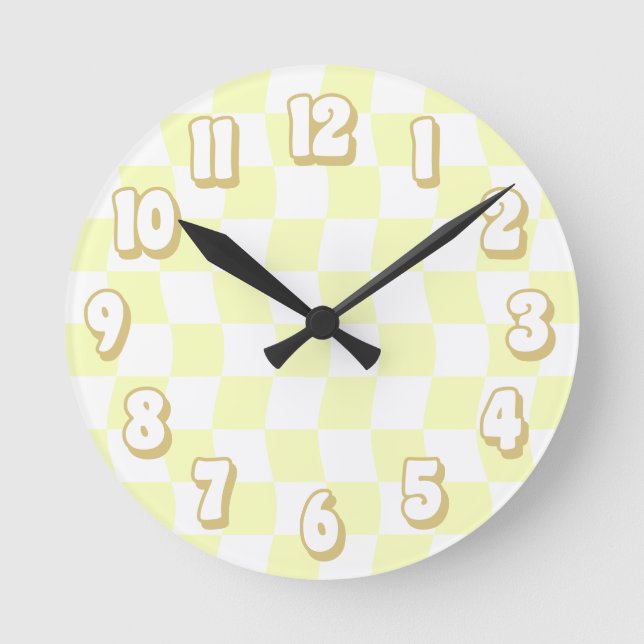 Retro Pastel Yellow White Wavy Checkerboard Round Clock (Front)