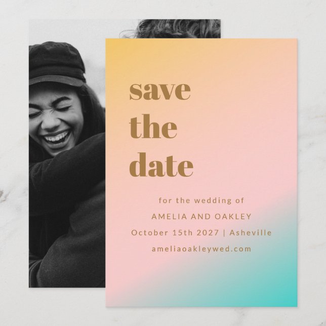 Retro Pastels Gradient Simple Unique Wedding Photo Save The Date (Front/Back)