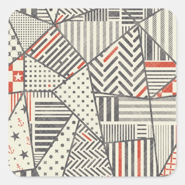 Retro Patchwork: Abstract Geometric Design Square Sticker (Front)