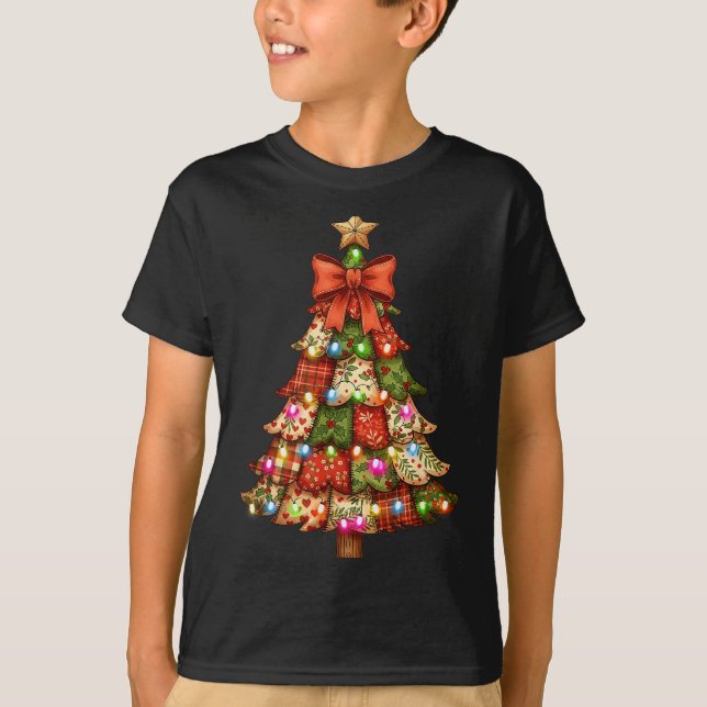 Retro Patchwork Bow Christmas,rustic Country Chris T-Shirt (Front)