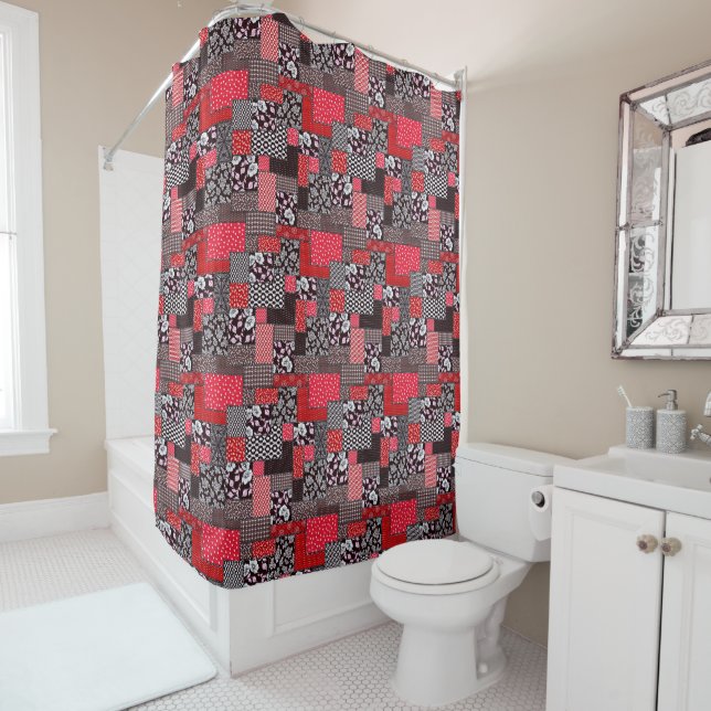 Retro Patchwork Floral Quilt Pattern Shower Curtain (In Situ)