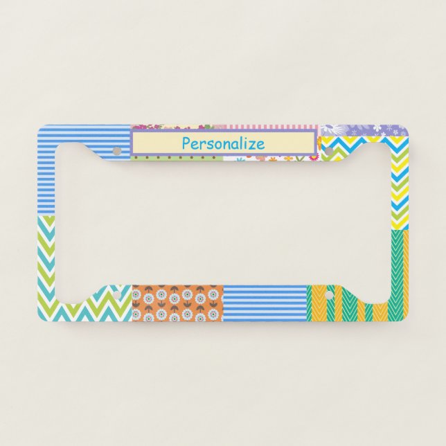 Retro Patchwork Quilt Pattern Design Personalize License Plate Frame (Front)
