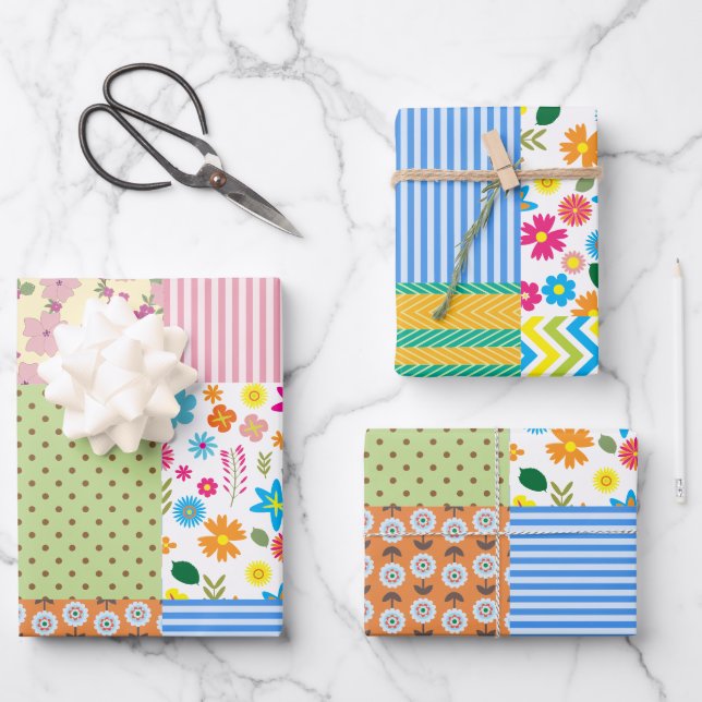 Retro Patchwork Quilt Sewing Pattern Theme Wrapping Paper Sheets (Front)