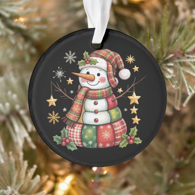 Retro Patchwork Snowman Merry Christmas Coquette  Ornament (Tree)