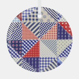 Retro Patchwork Triangles Nautical Style Glass Ornament