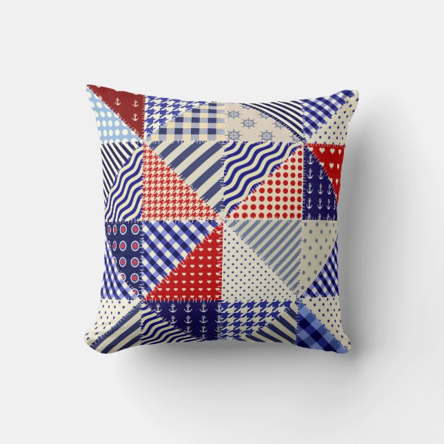 Retro Patchwork Triangles Nautical Style Throw Pillow (Front)