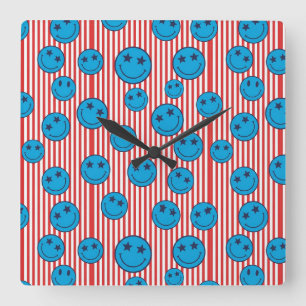 Retro Patriot Smiley Face Square Wall Clock