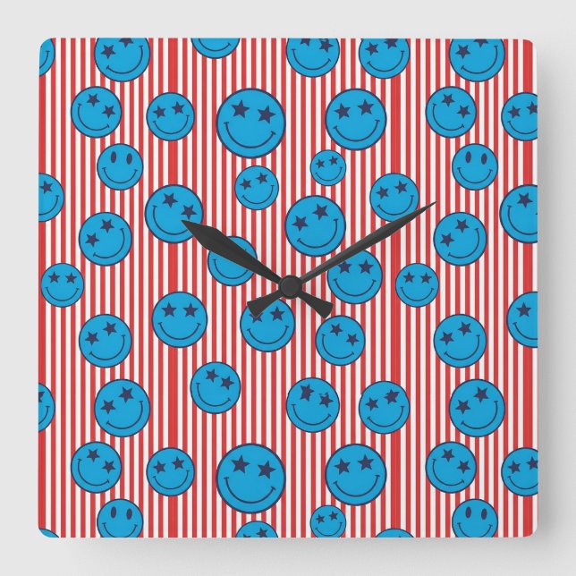 Retro Patriot Smiley Face Square Wall Clock (Front)