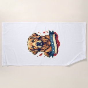 Retro Patriotic Golden Retriever Engraving Tee 4 Beach Towel