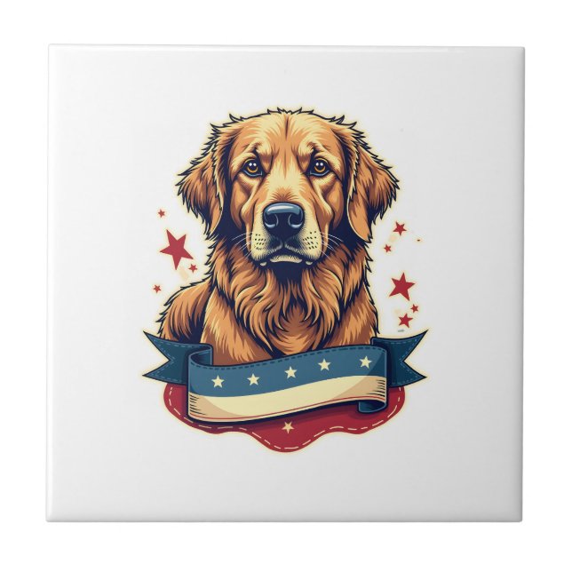 Retro Patriotic Golden Retriever Engraving Tee 4 Ceramic Tile (Front)