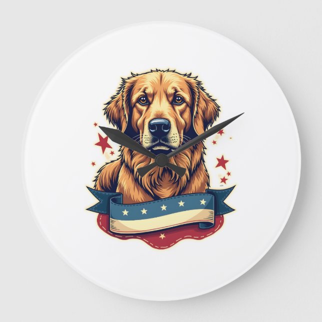 Retro Patriotic Golden Retriever Engraving Tee 4 Large Clock (Front)
