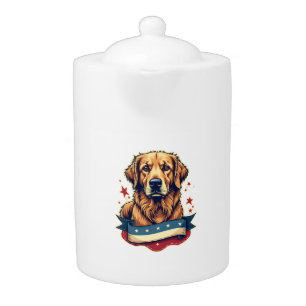 Retro Patriotic Golden Retriever Engraving Tee 4 Teapot