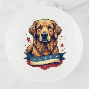 Retro Patriotic Golden Retriever Engraving Tee 4 Trinket Tray