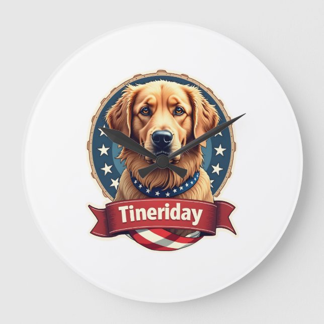 Retro Patriotic Golden Retriever Engraving Tee Large Clock (Front)