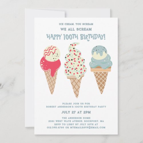 Retro Patriotic Ice Cream Cone 100th Birthday Invitation