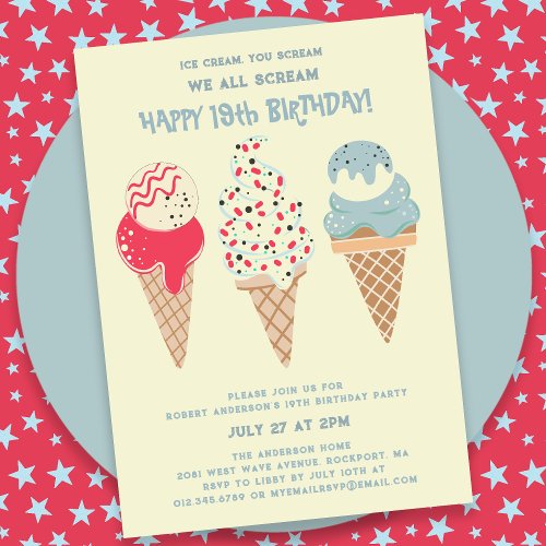 Retro Patriotic Ice Cream Cone 19th Birthday Invitation