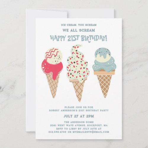 Retro Patriotic Ice Cream Cone 21st Birthday Invitation