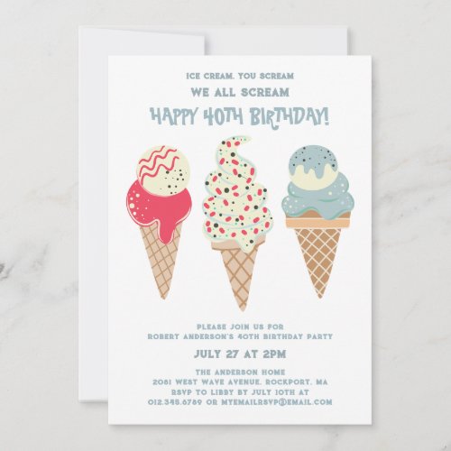 Retro Patriotic Ice Cream Cone 40th Birthday Invitation