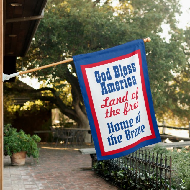 Retro Patriotic Red Blue White God Bless America House Flag (In SItu)