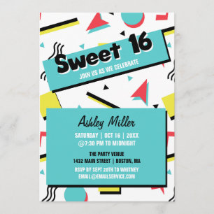 Retro Pattern 90s Themed Sweet Sixteen Invitation