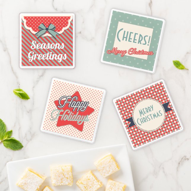 Retro Pattern and Typography Christmas Greetings Coaster Set (In Situ)