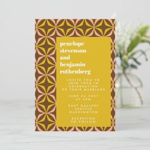 Retro Pattern Bold Typography Yellow Wedding  Invi Invitation