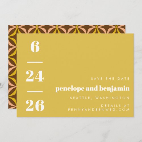 Retro Pattern Bold Typography Yellow Wedding Save The Date