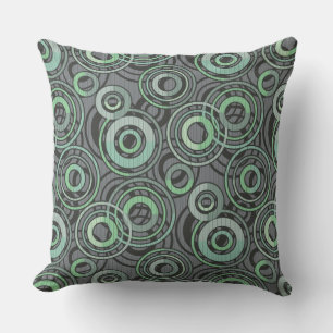 Retro pattern circles rings gray green outdoor pillow