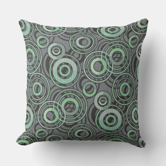 Retro pattern circles rings gray green outdoor pillow (Front)