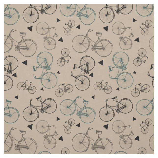 Retro Pattern Fabric|Gray Bicycles Print On Tan Fabric (Swatch)