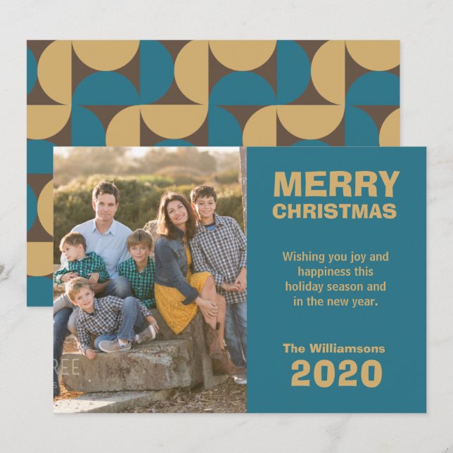 Retro Pattern Merry Christmas Family Photo Holiday Card (Front/Back)