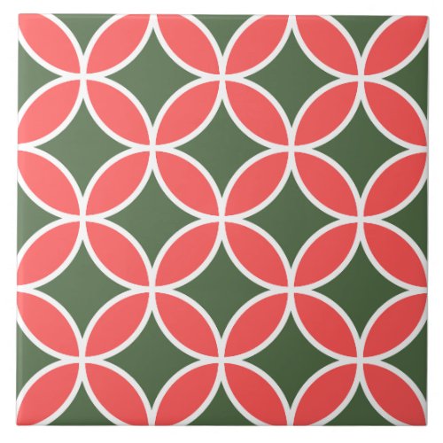 Retro pattern mid century floral green and pink ceramic tile