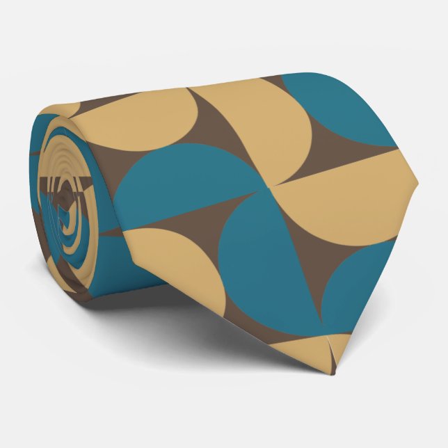 Retro Pattern Mid Century Modern Teal and Brown Neck Tie (Rolled)