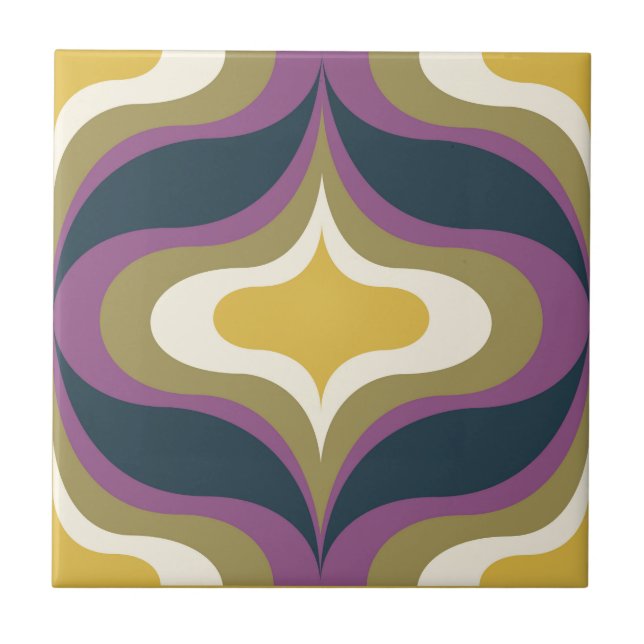 Retro Pattern Navy Green Yellow White Ceramic Tile (Front)