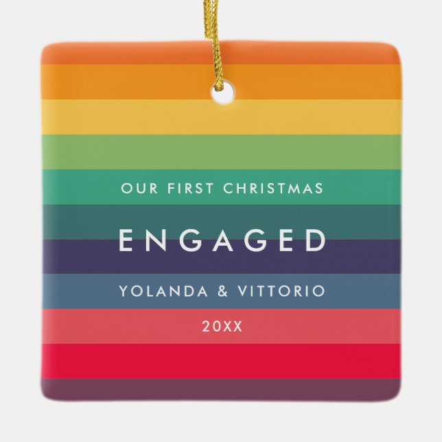 Retro pattern Our First Christmas engaged photo Ceramic Ornament (Front)