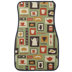 Retro pattern with kitchen dishes for breakfast car floor mat