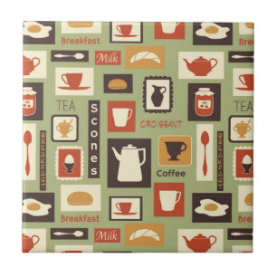Retro pattern with kitchen dishes for breakfast ceramic tile