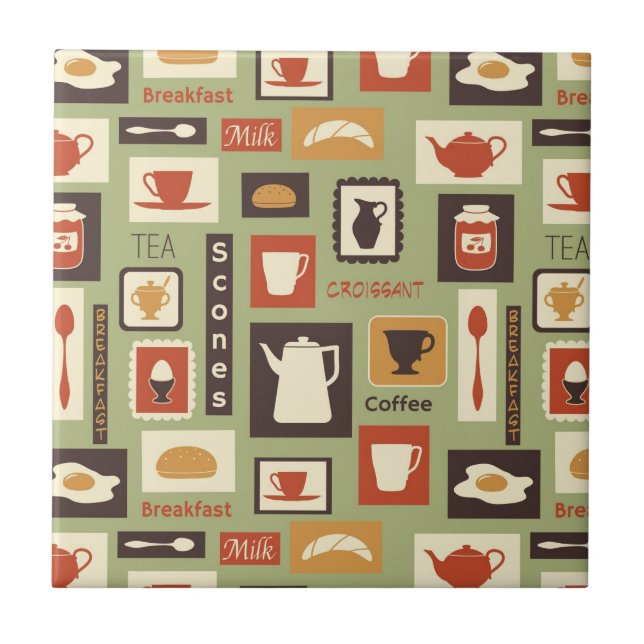 Retro pattern with kitchen dishes for breakfast ceramic tile (Front)