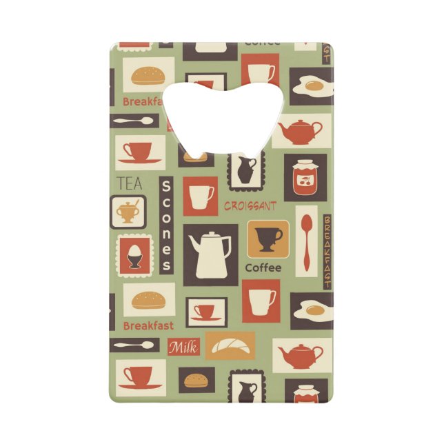 Retro pattern with kitchen dishes for breakfast credit card bottle opener (Front)