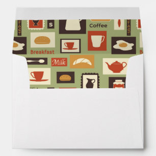 Retro pattern with kitchen dishes for breakfast envelope
