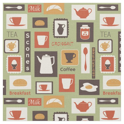 Retro pattern with kitchen dishes for breakfast fabric