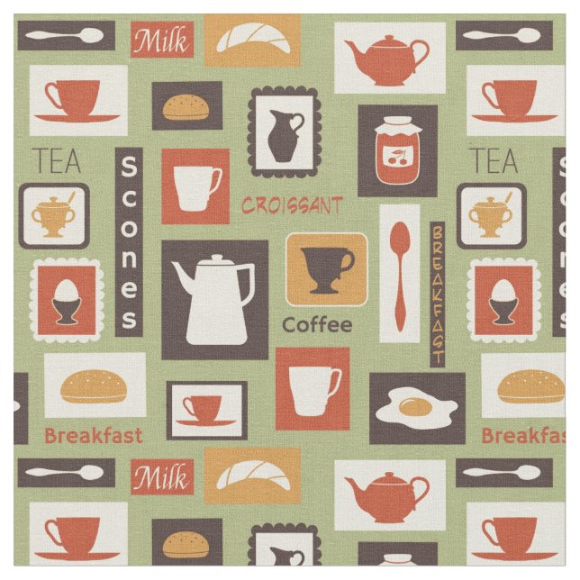 Retro pattern with kitchen dishes for breakfast fabric (Close Up)